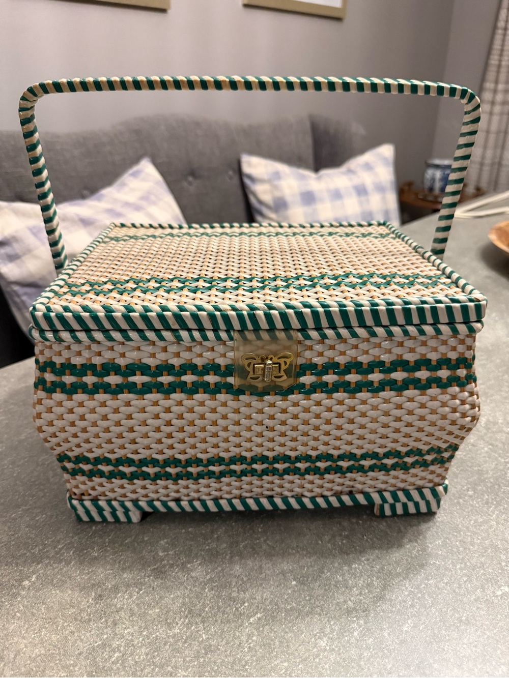 Vintage Green & Cream Woven Sewing Basket